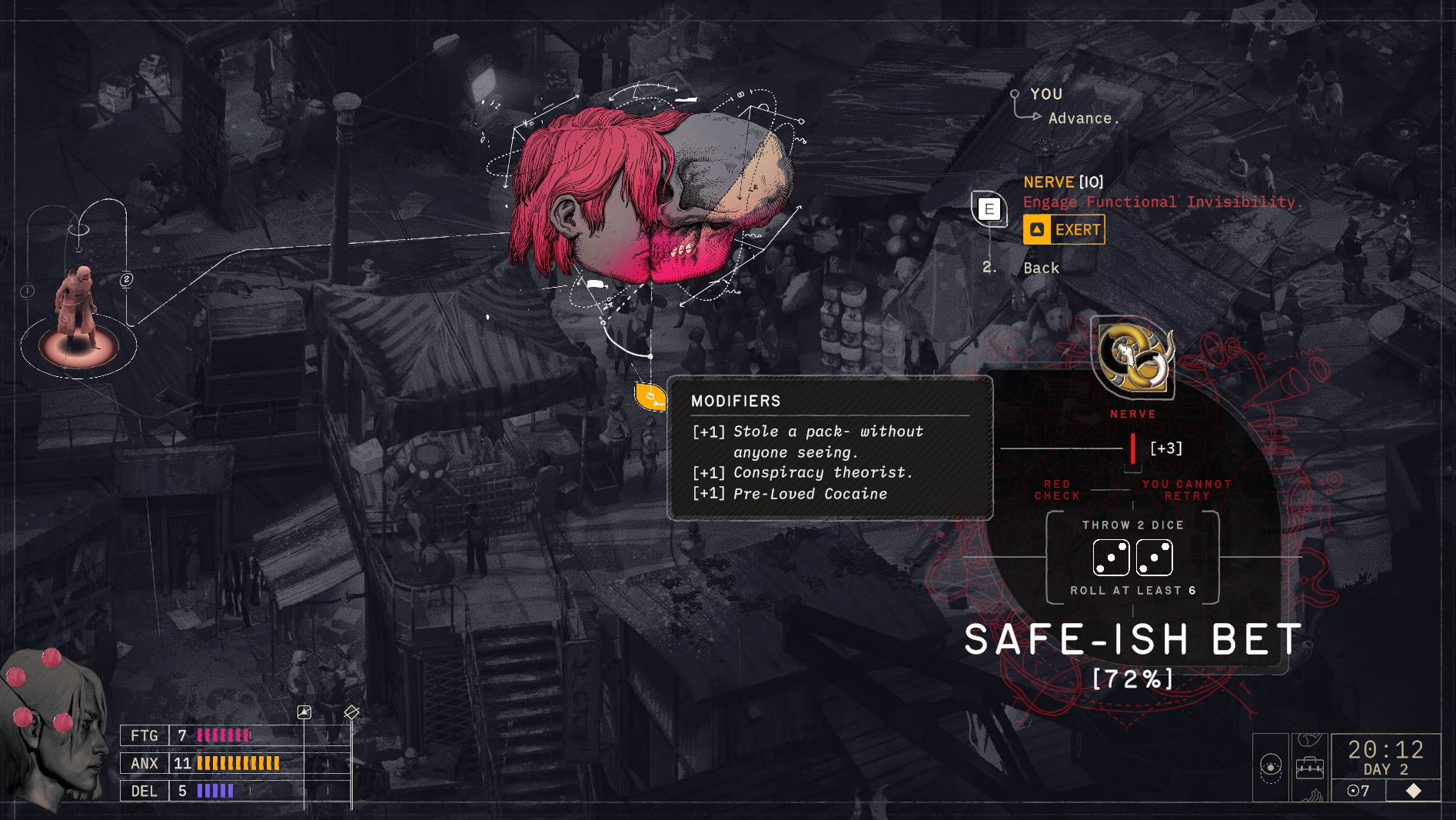 A resolution screen depicting modifiers on a dice roll with a predicted 72% success outcome defined as a safe-ish bet.