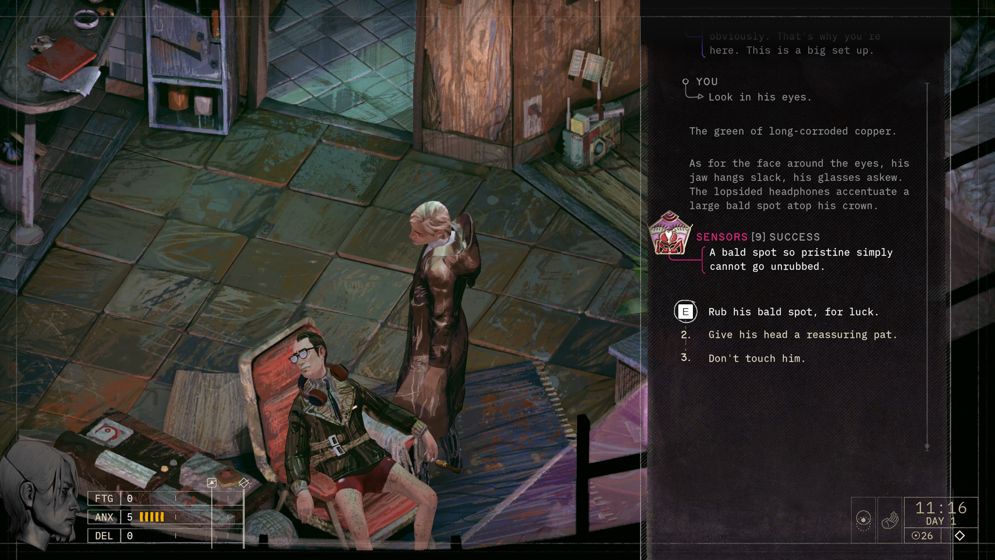 A game with a brush-stroke heavy art style depicting a woman standing over a dead body slumped in a modern lounge chair. An interface panel invites her to touch his bald spot.