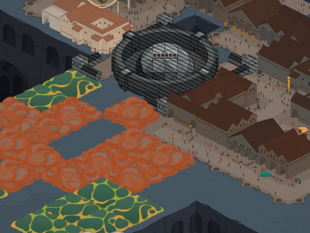 A close up of a city threatened by advancing Rust, effectively signaling this area is doomed despite the placid crowds.