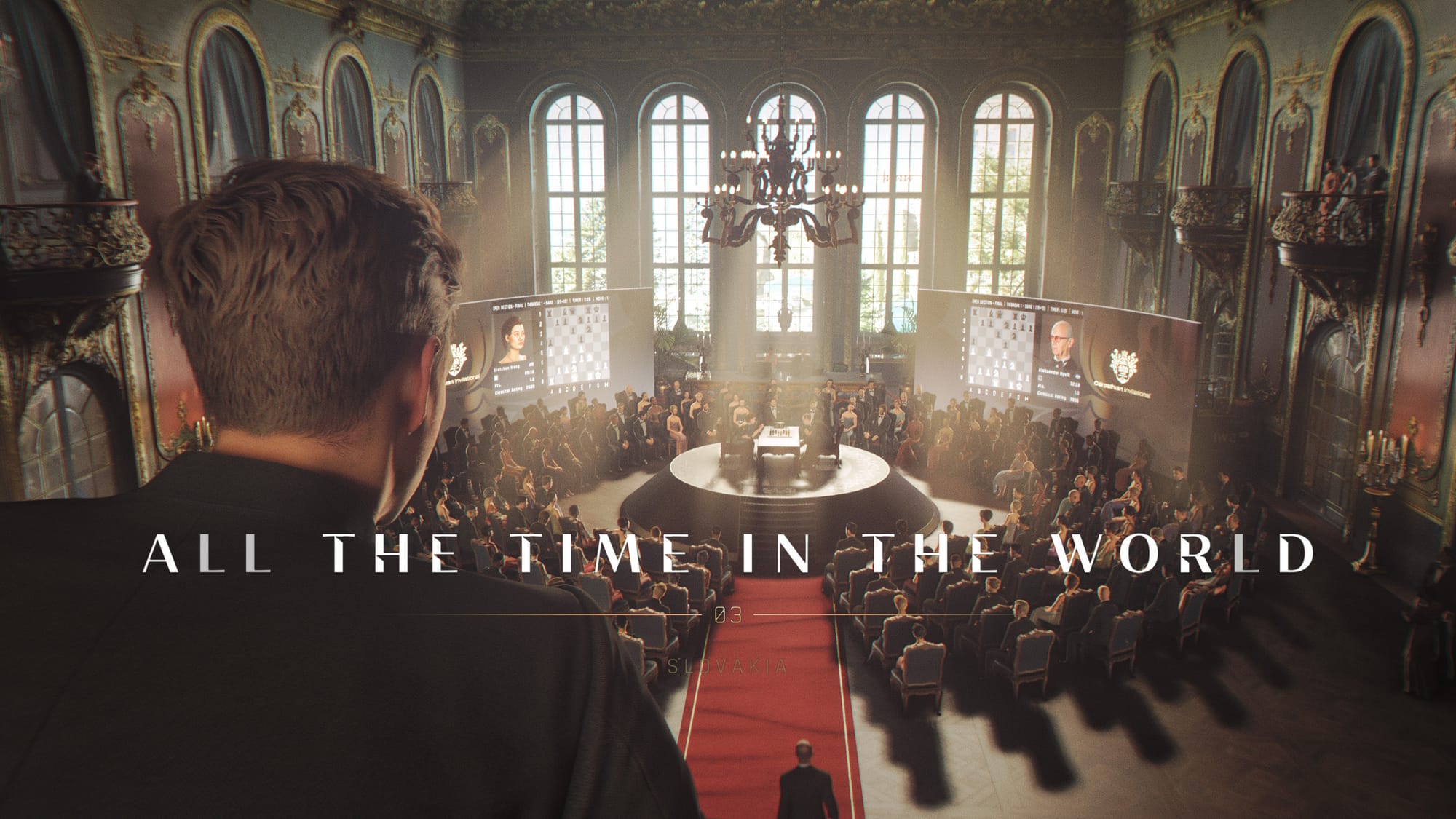 A chapter title card reading All the Time in the World laid over Bond's view of a chess final in a luxurious ballroom.
