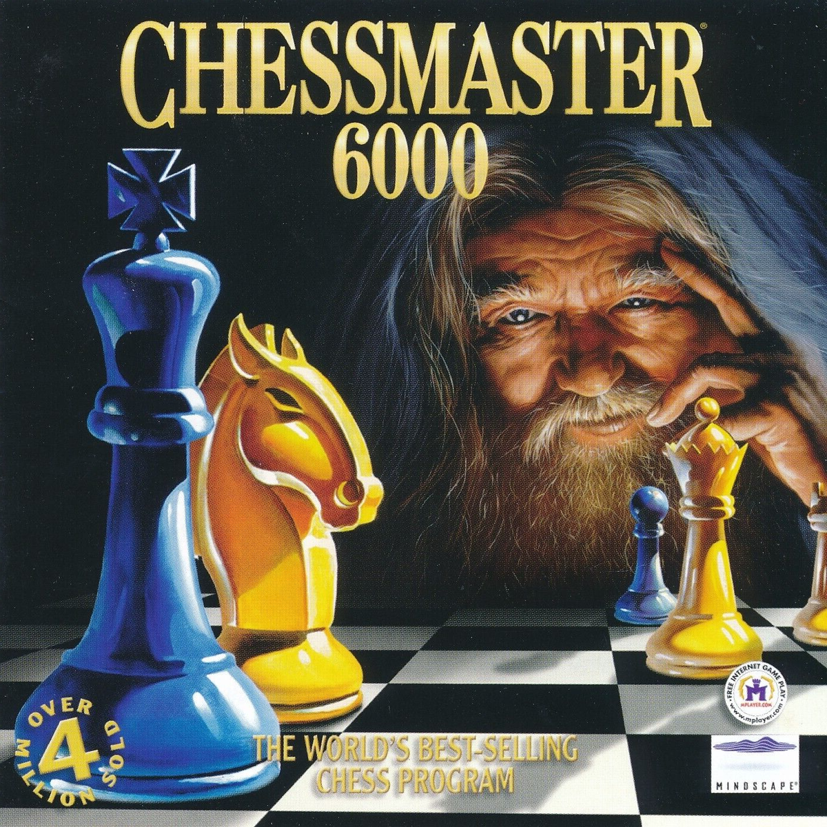 The cover of Chessmaster 6000 depicting a wizard-like figure whose eyes perceive only lines of play and their infinite possibilities