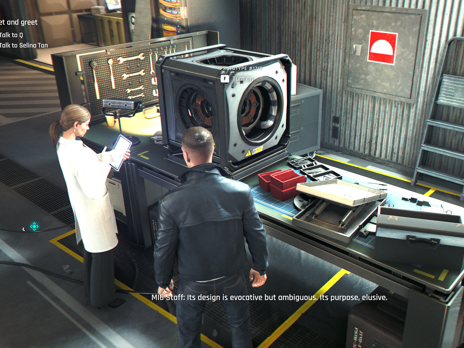 Bond stares at a mysterious cube in the Q lab. The woman working on it is saying, "Its design is evocative but ambiguous. It purpose, elusive."