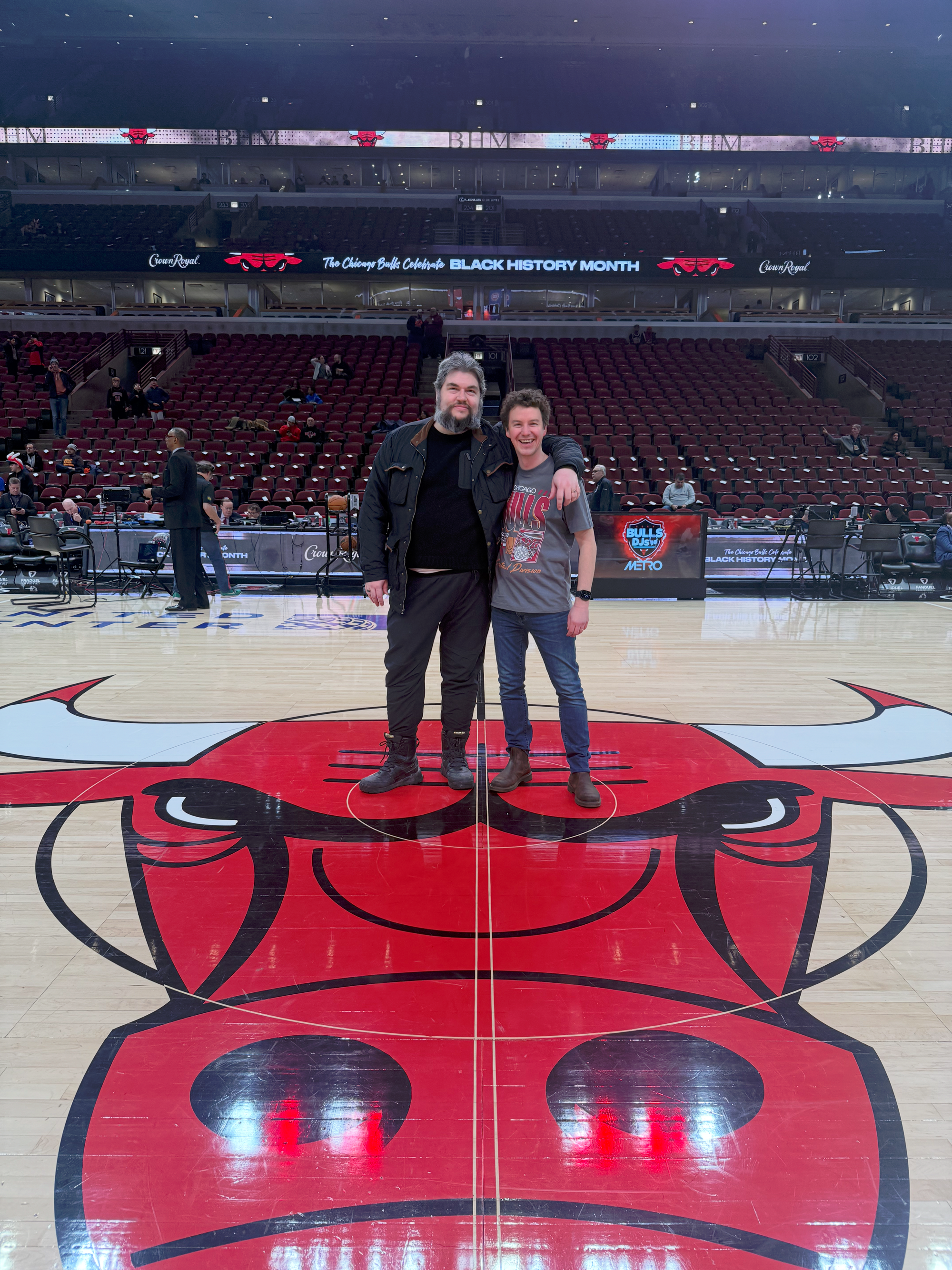Rob and Patrick on the floor of the Chicago Bulls home court.