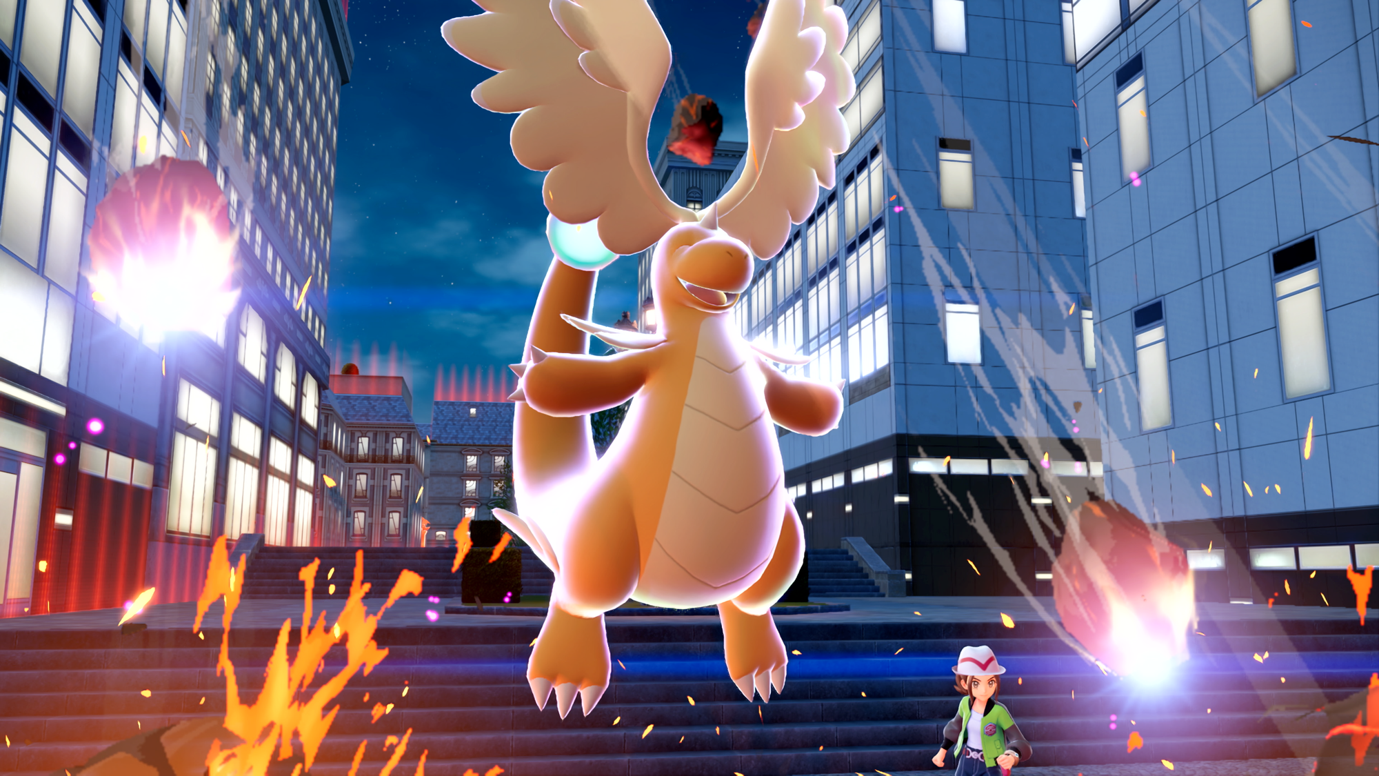 A Mega Dragonite unleashing a catastrophic attack in a dense city center with a friendly smile.