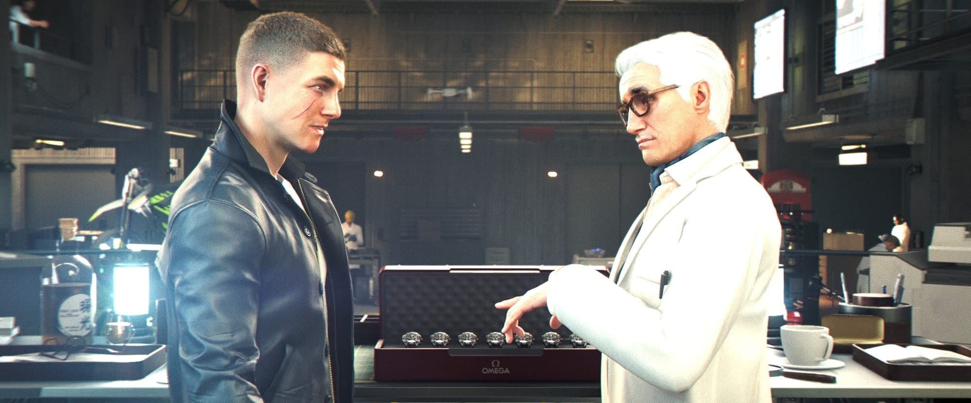 Bond stands across from Q, wearing his white lab coat and sporting a neat cut on his snow-white hair, while a box of Omega watches is located pointedly between them.