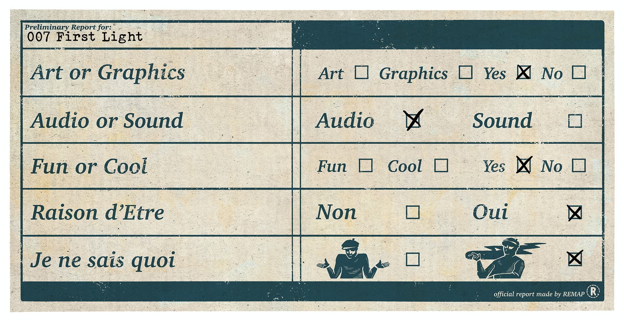 A Remap evaluation indicating First Light has both Art AND Graphics, boasts audio rather than mere sound, is both Fun AND Cool, and possesses both a raison d'Etre and je ne sais quoi.