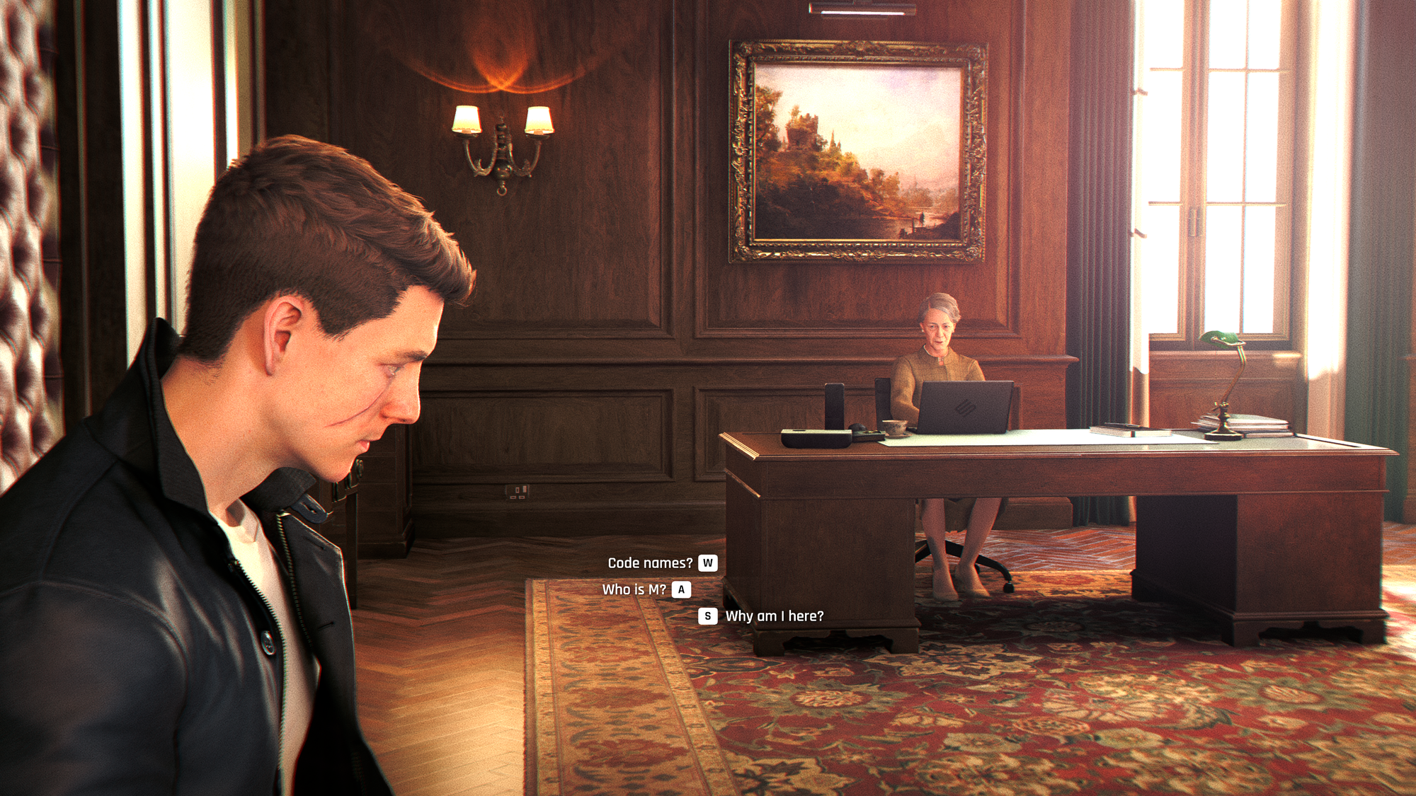 A young man sits at left of frame, conversation options float in the center where he can ask why he is here of the elderly secretary in the background of the lavish waiting room.