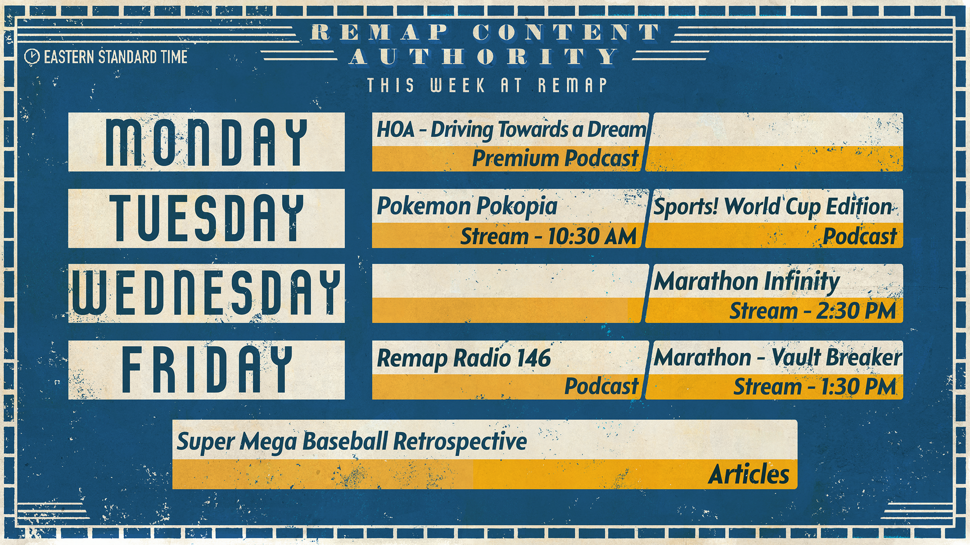The Remap calendar for the week, repeating the details written below.