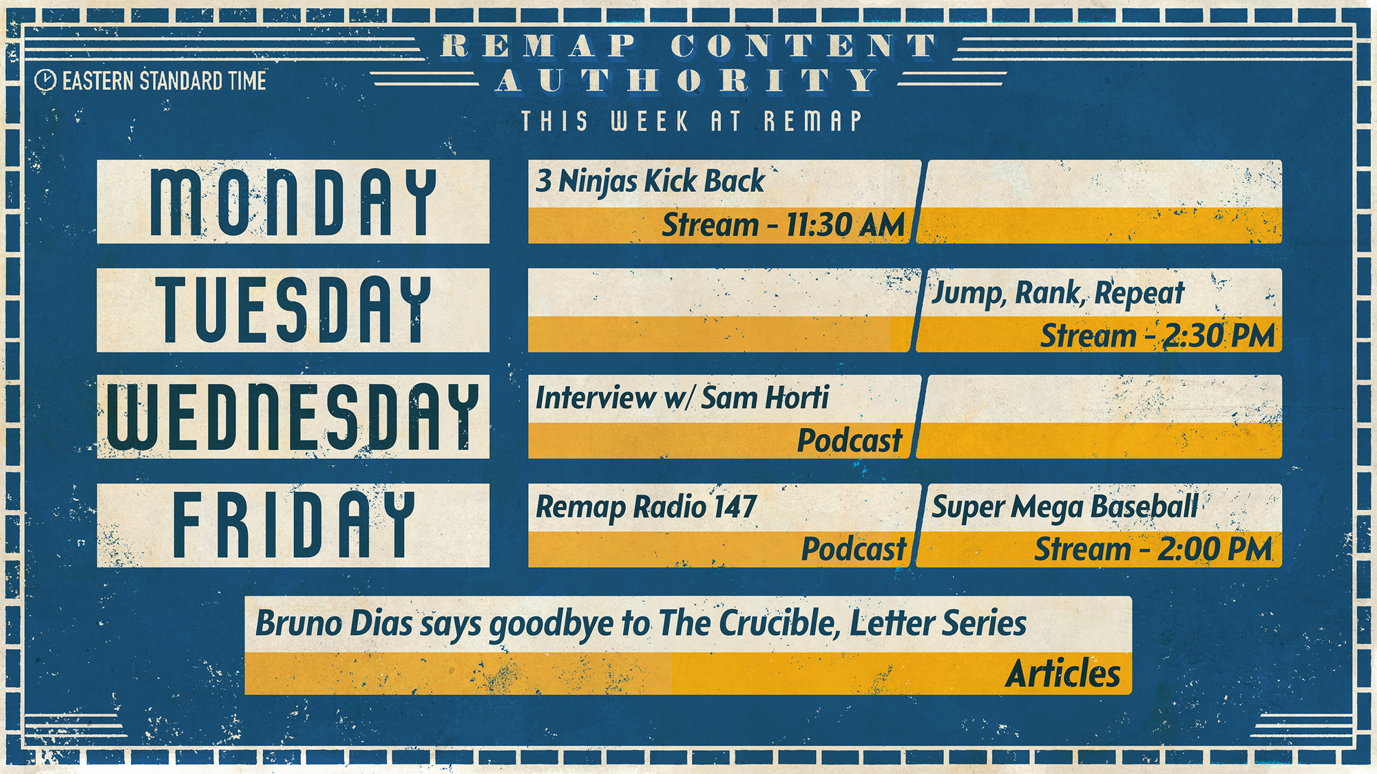 The Remap content calendar for the week ahead, confirming the details below.