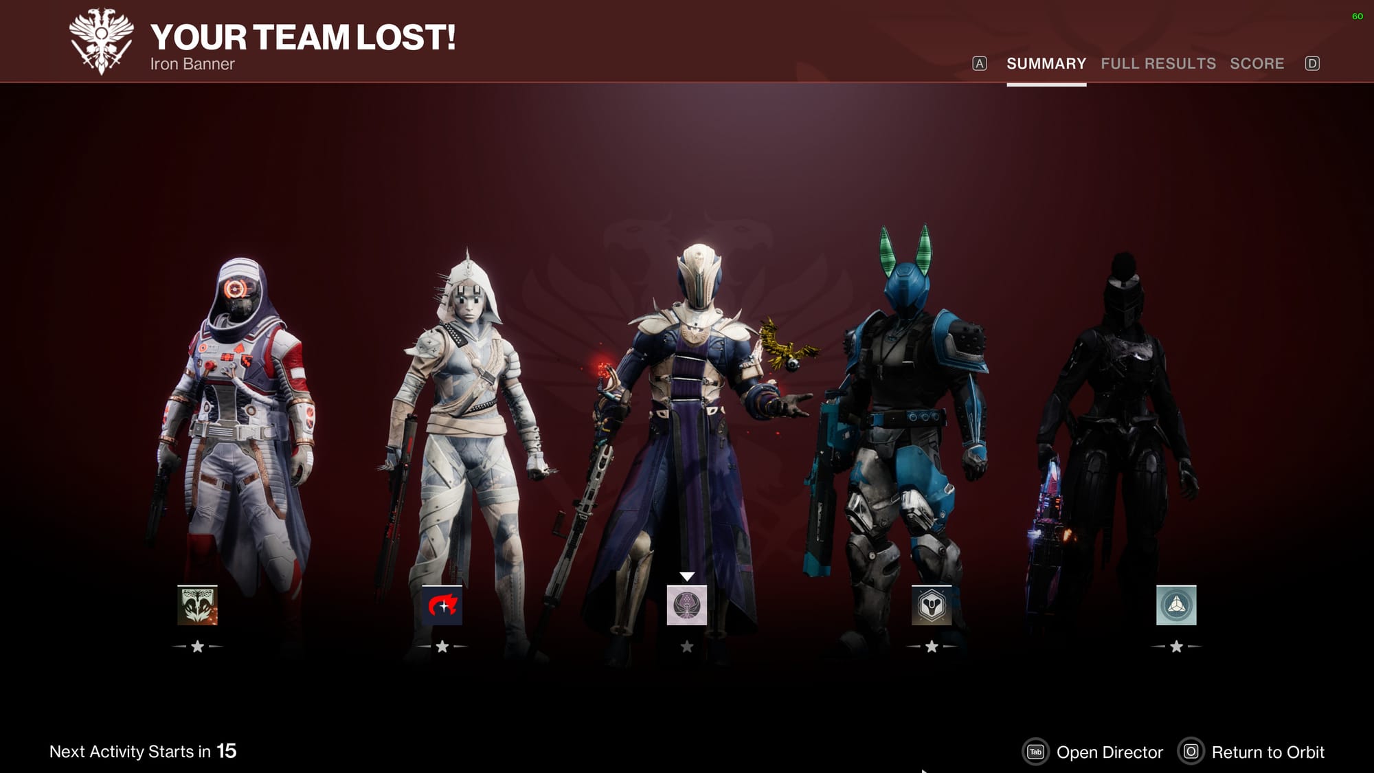 A group of Destiny avatars on a "your team lost" screen.