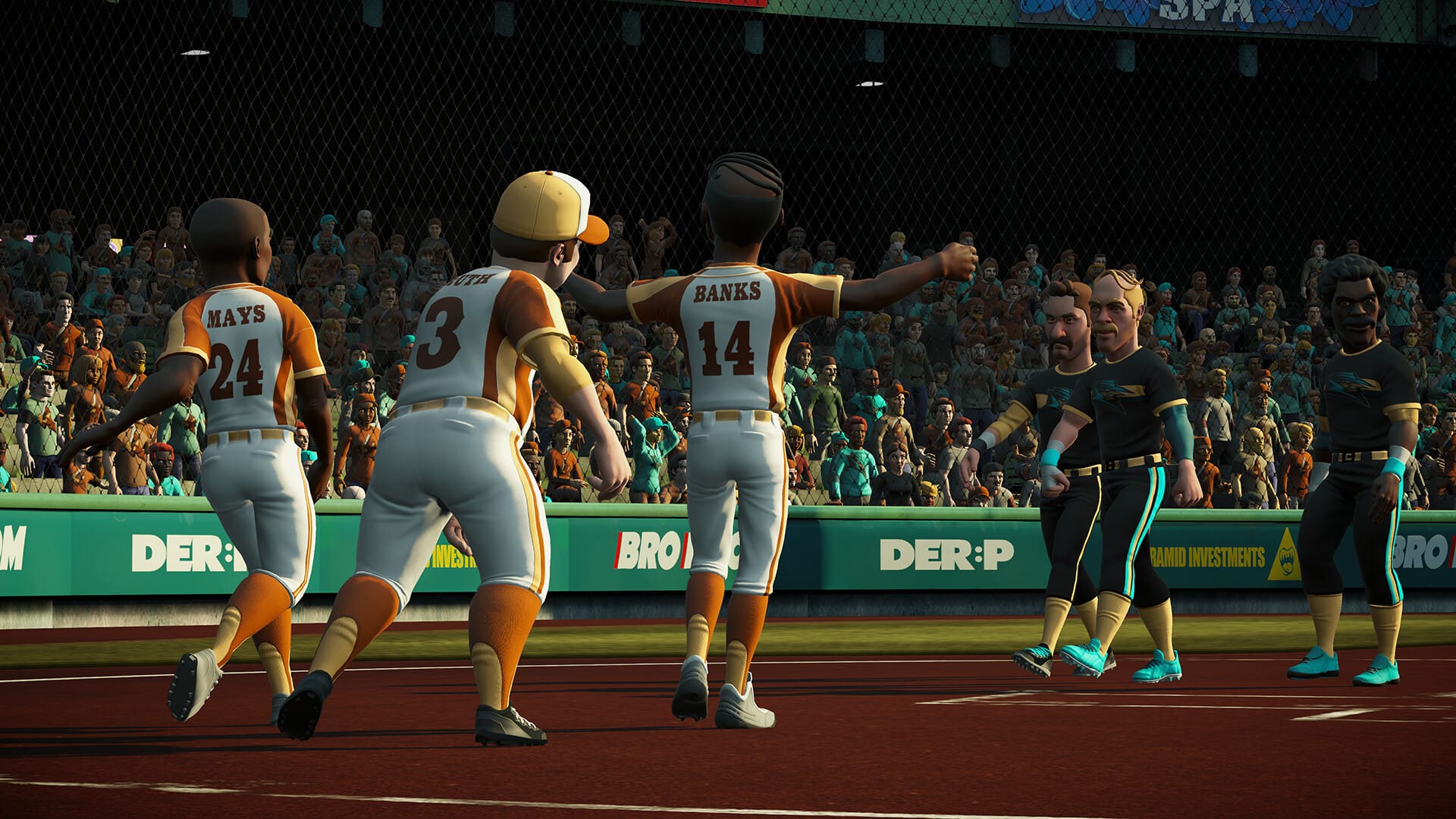 A screenshot of bobble-headed players celebrating while the losing team looks like they might brawl.