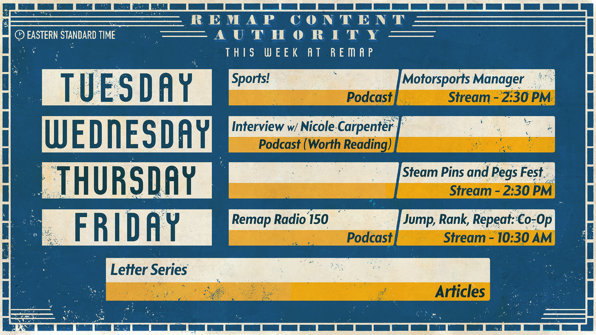 A calendar for Remap's schedule