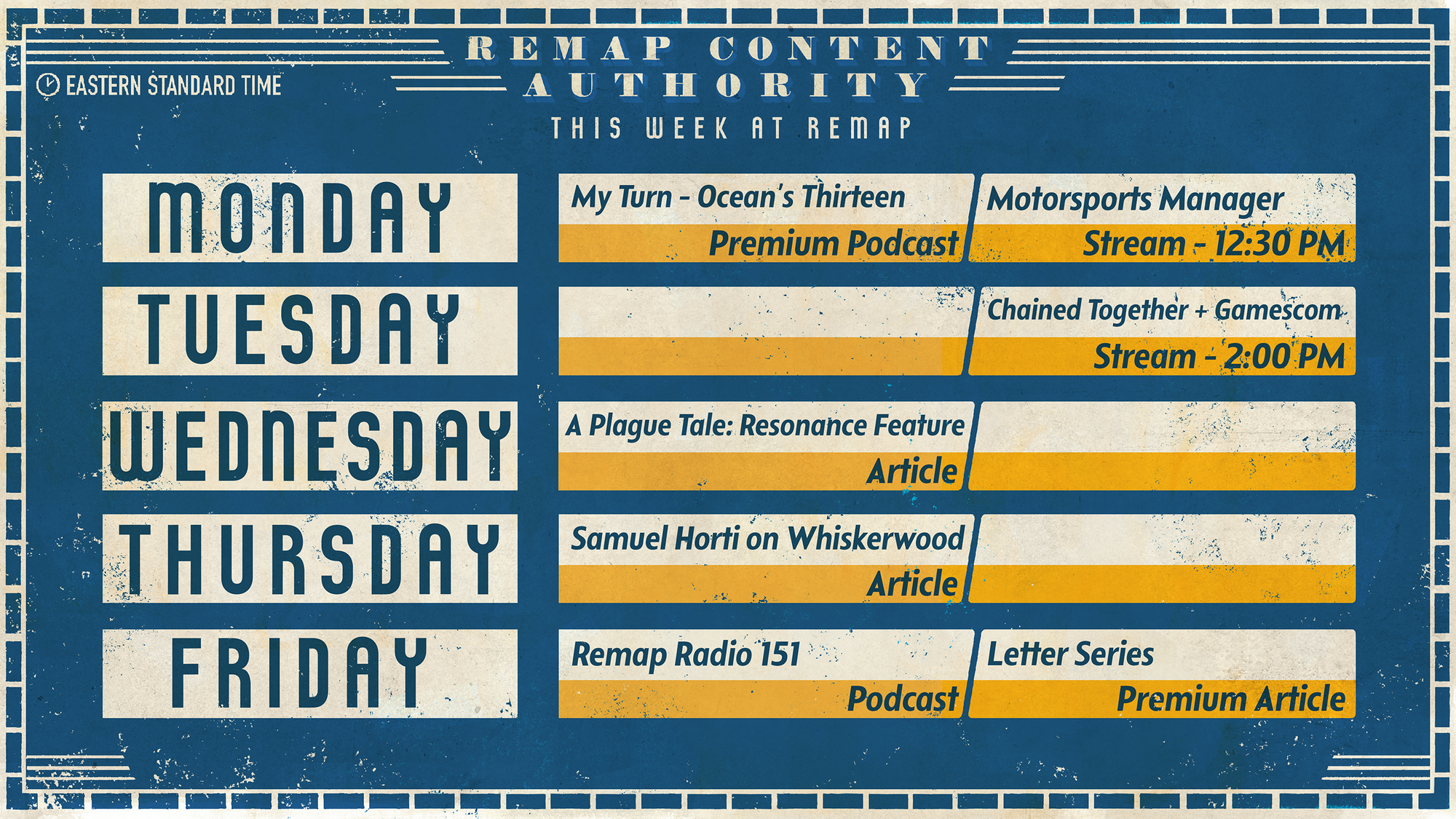 Remap's schedule for the week