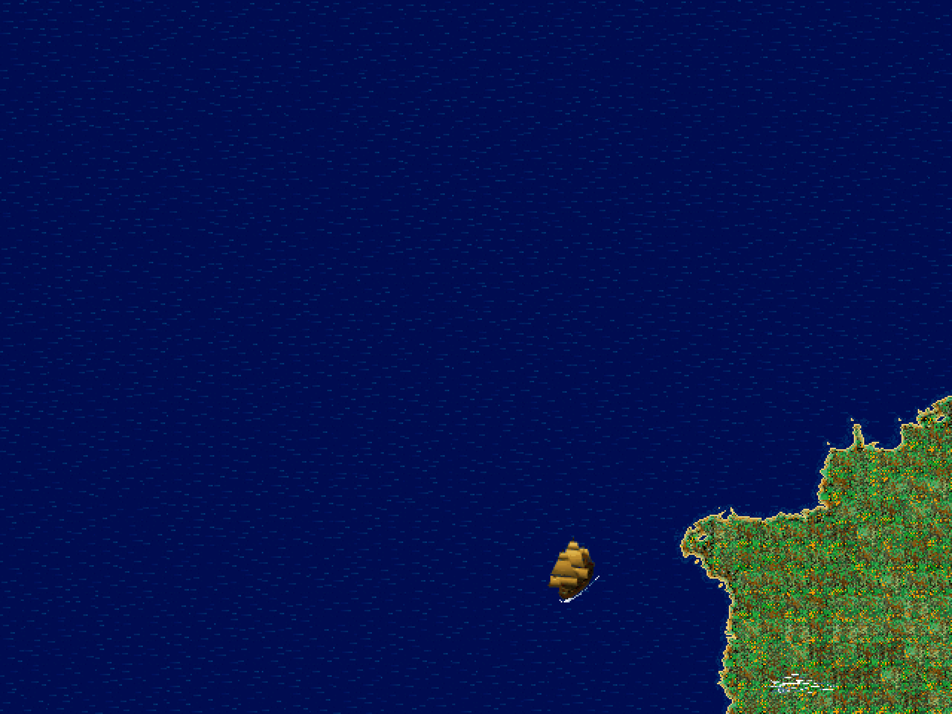A lone three masted vessel coasting southwest on an expanse of blue water next to a jungle coast.