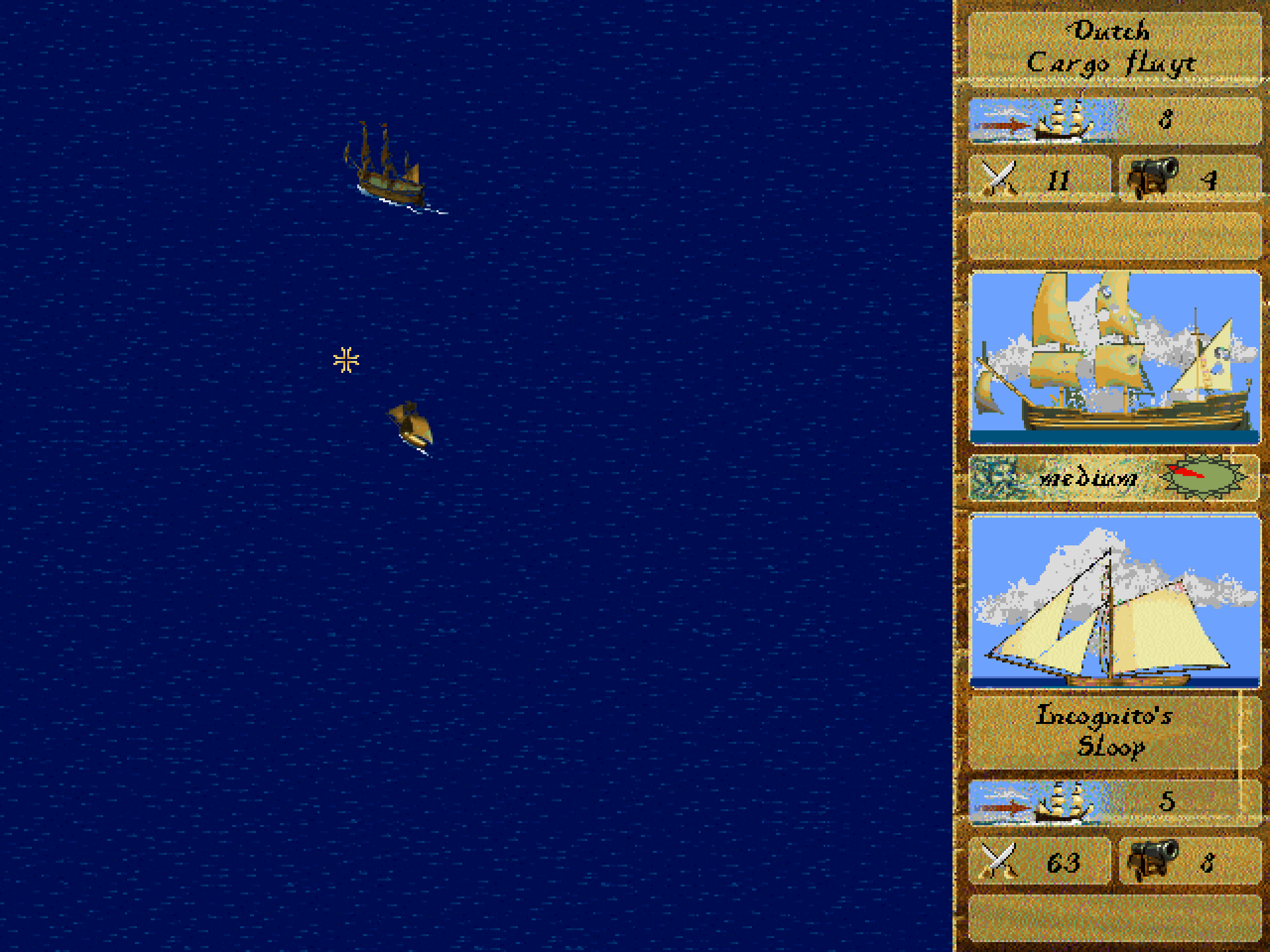A small sloop stalks a larger ship in the middle of the ocean. An info panel on the rights shows the player's sloop heavily outguns and outmans the large Dutch transport.