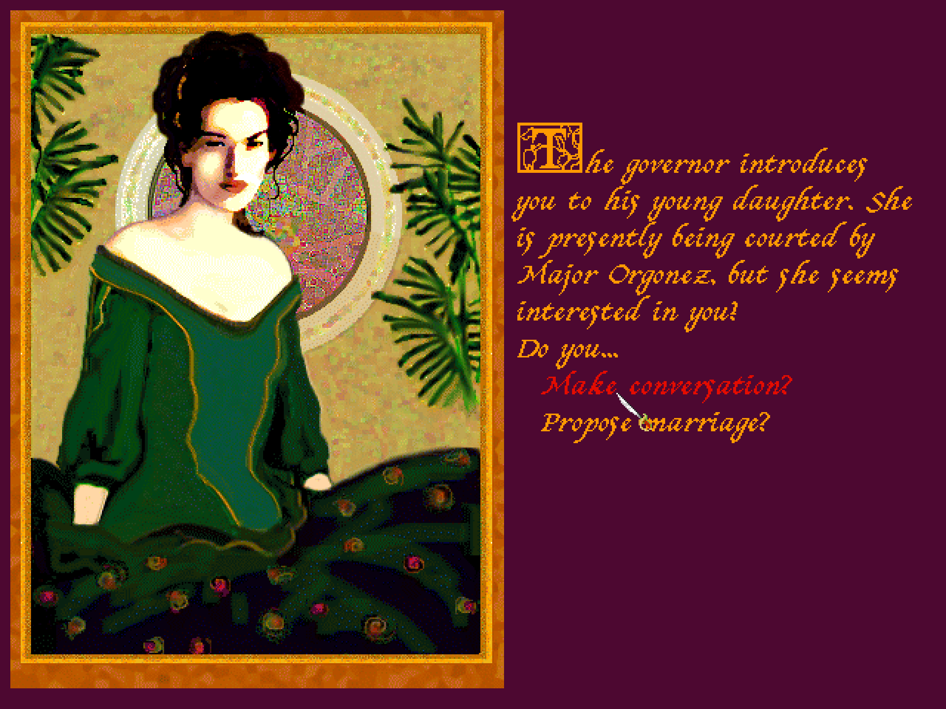 A 256 color portrait of a dark haired beauty in a peacock dress. "The governor introduces you to his daughter. She is presently being courted by Maj. Orgonez..."