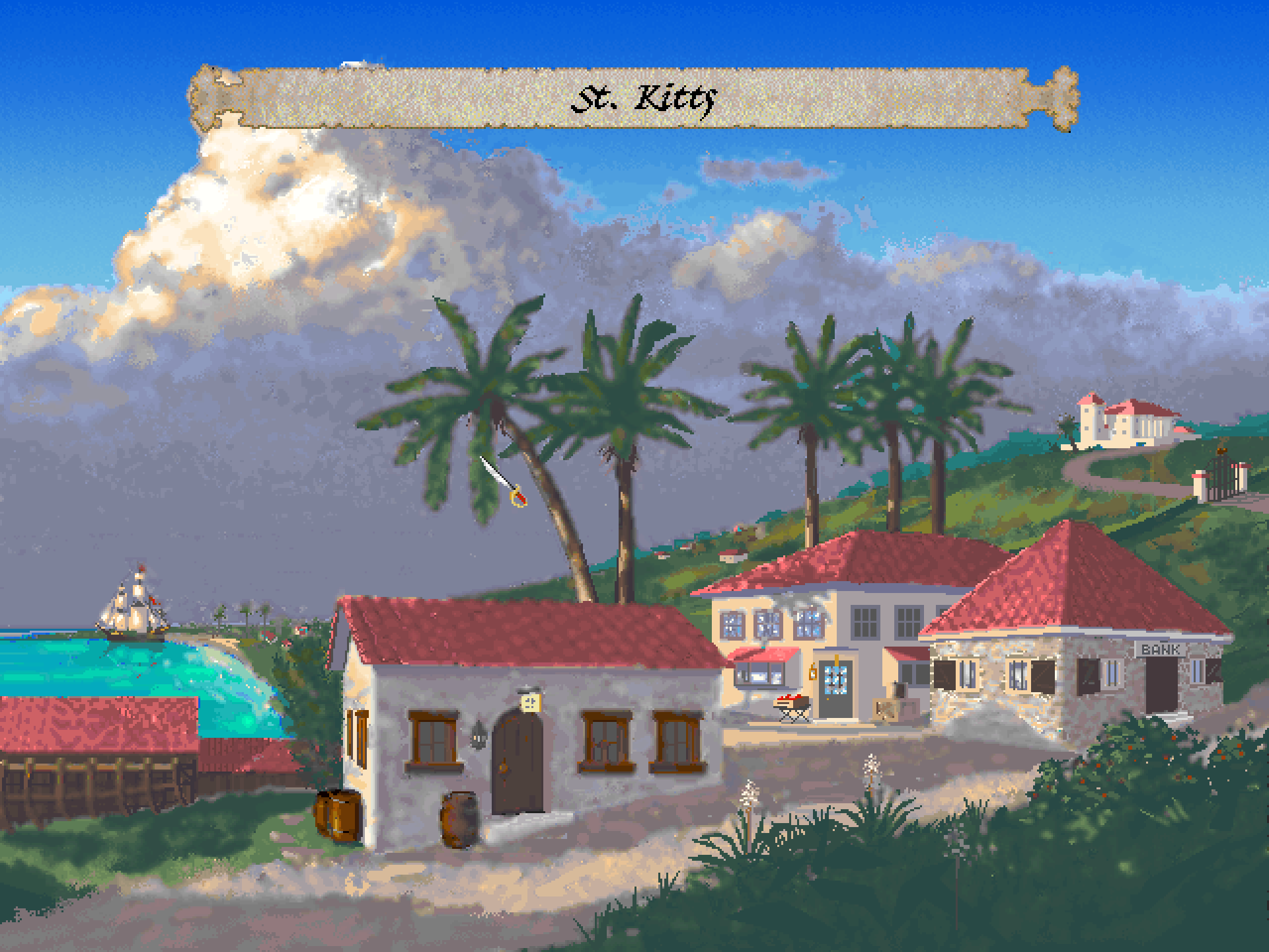 A screen showing a harbor in Pirates with masonry buildings and tile roofs against a lush hillside on St Kitts.