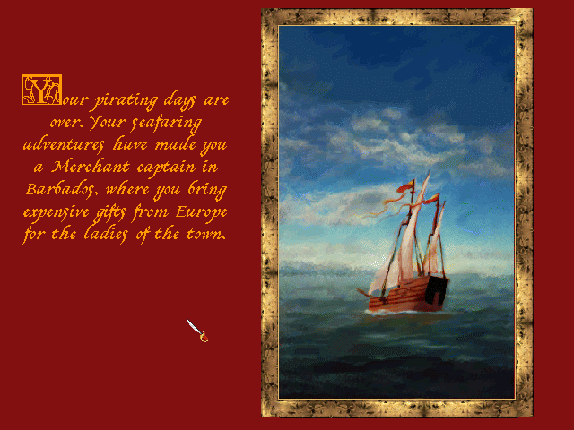 A retirement screen showing a lonely sloop sailing away. "Your pirating days are over," says the text.