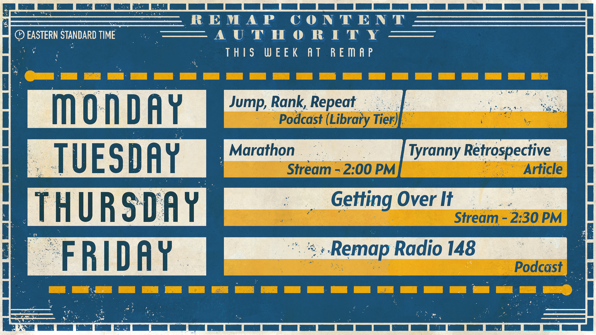 A calendar of the upcoming content for Remap