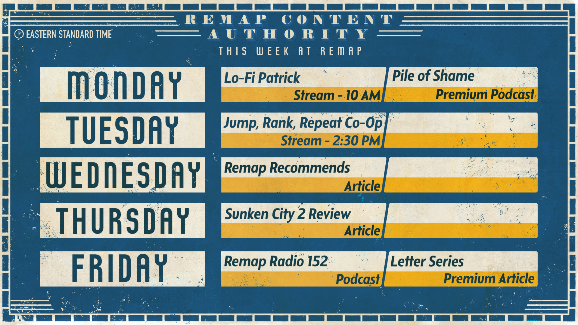Remap's schedule for this week