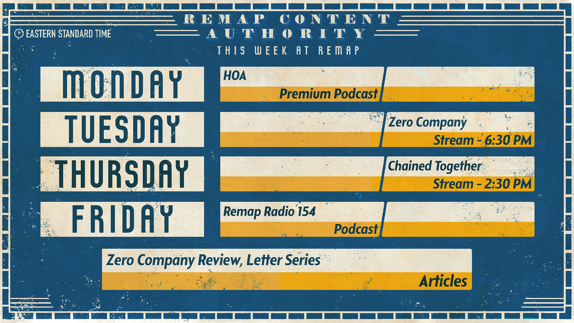 Remap's schedule for this week