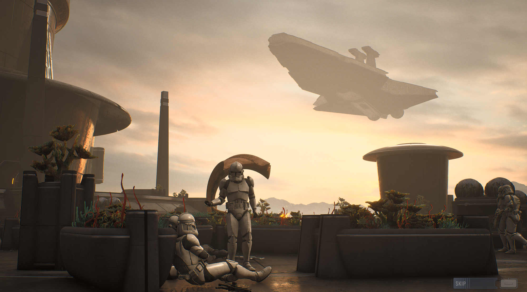 Clone troopers rest on a rooftop while a cruiser approaches above in a magic hour sky.