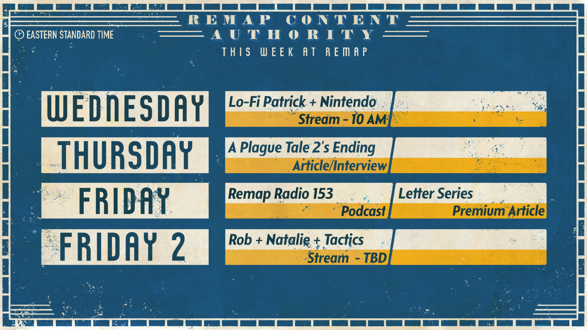 Remap's schedule for this week