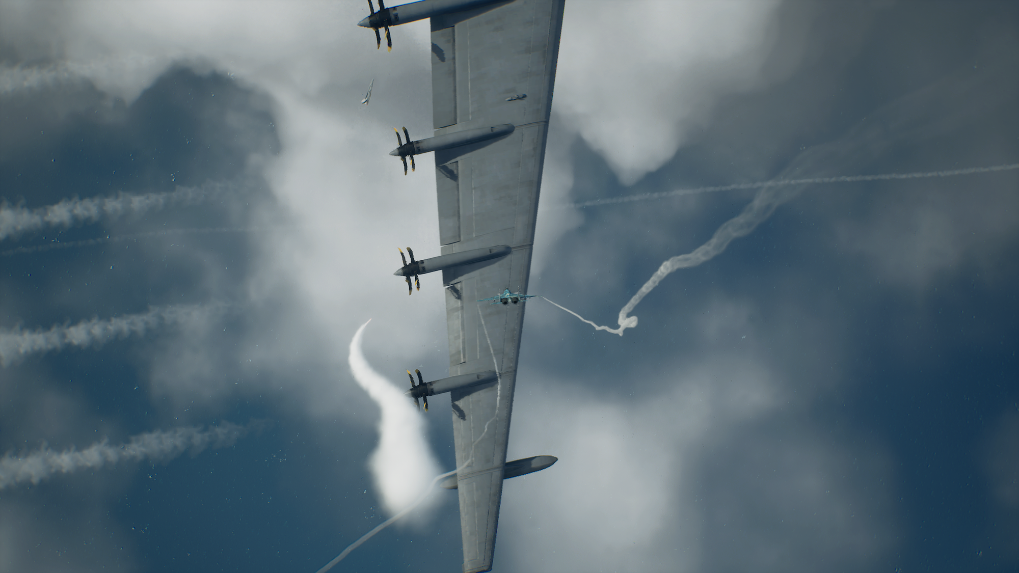 A preposterously large multi-prop aircraft wing looms over a Su-27 climbing to meet it.