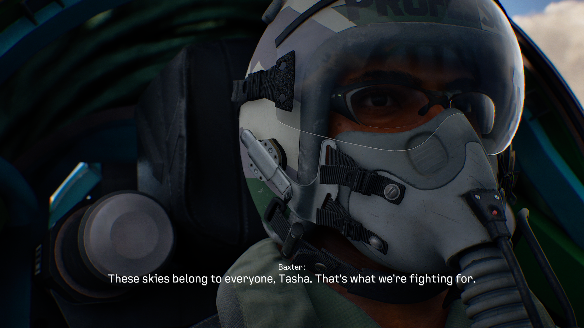 A masked and helmeted pilot saying "These skies belong to everyone, Tasha. That's what we're fighting for."