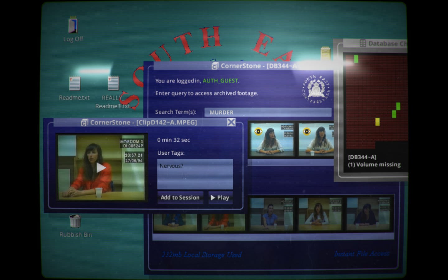 The government software UI of Her Story showing a text search prompt and a small video clip panel