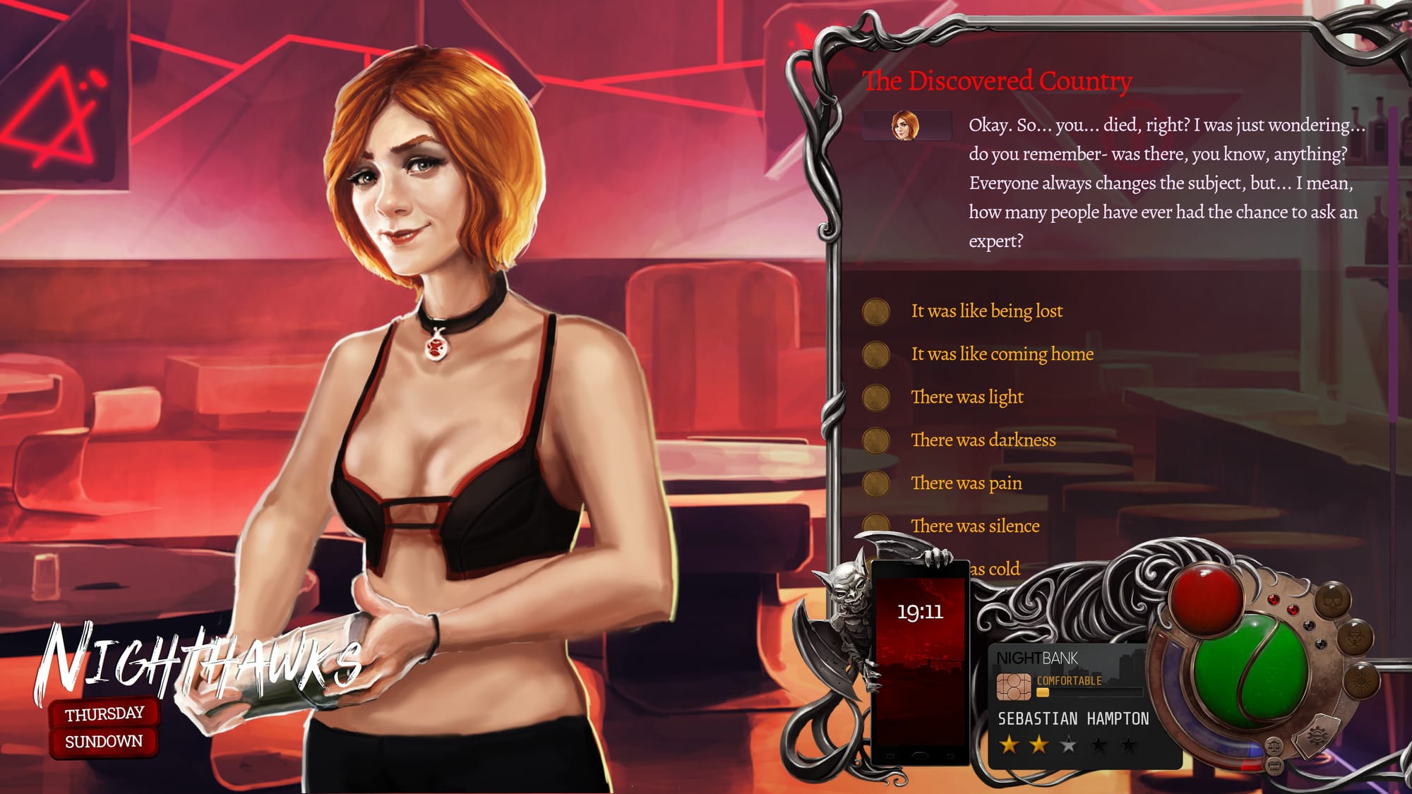 A visual novel-style screen depicting a woman with short red hair wearing a cropped black and red bustier polishing a glass in an empty bar.