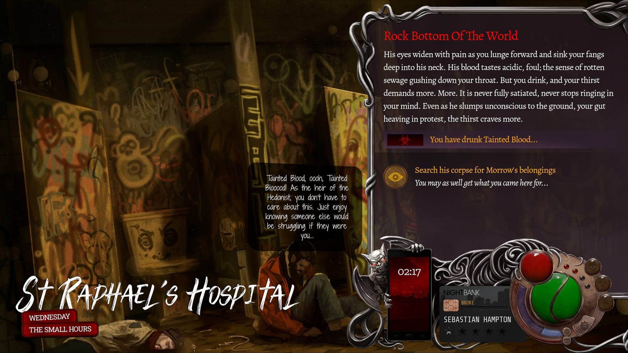 A scene labeled "St Raphael's hospital" where it looks like squatters hang out. Graffiti covers the walls. The text describes a vampire feeding on one of the people there.