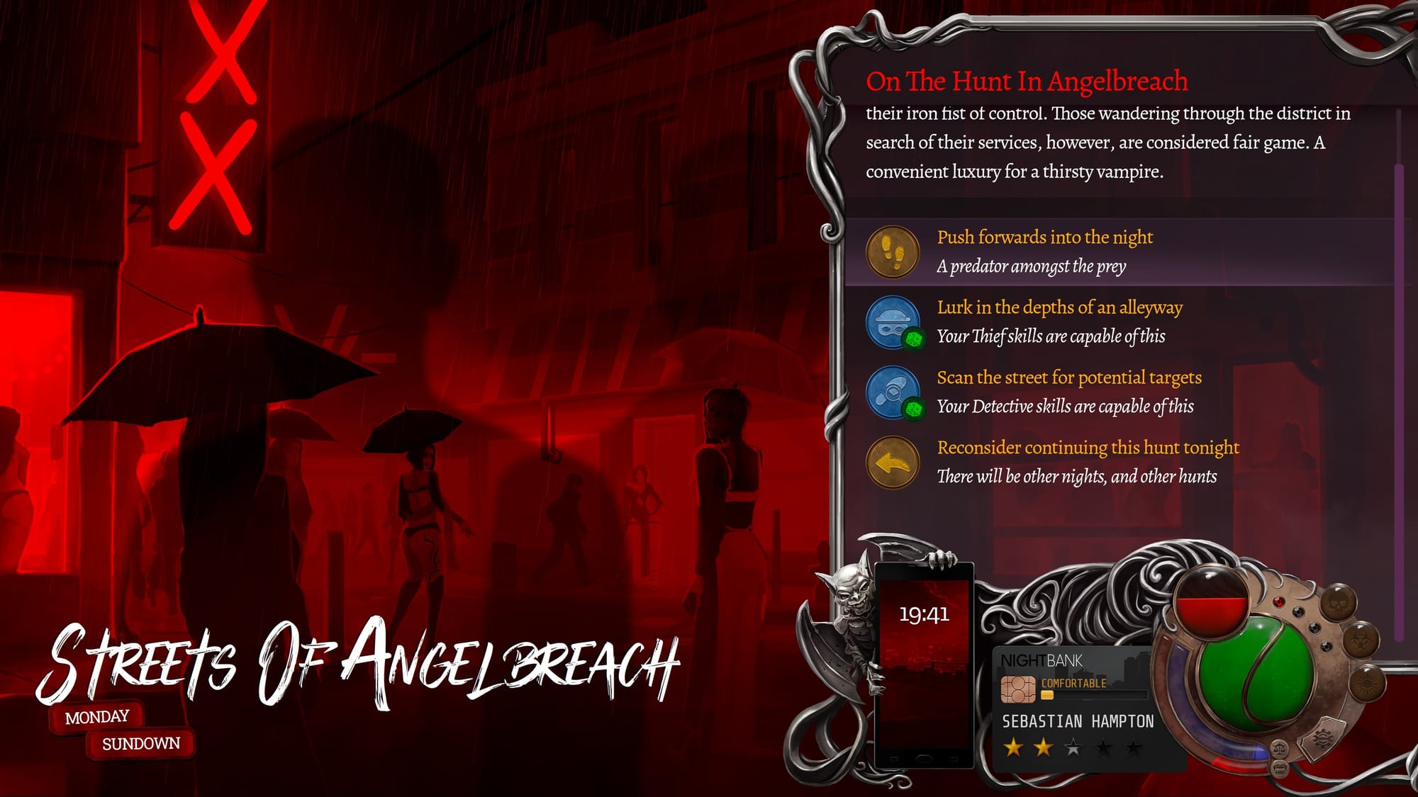 A blood-red streetscape labeled "Streets of Angelbreath". Text implies the character is hunting for food.