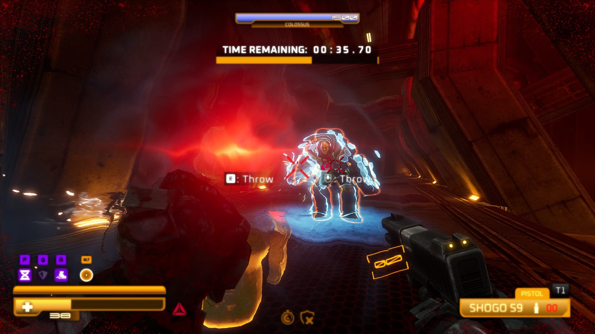 An FPS screenshot showing an automatic pistol running out of ammo against an armored figure with blue shields covering it, and an option to throw the gun appears on screen.