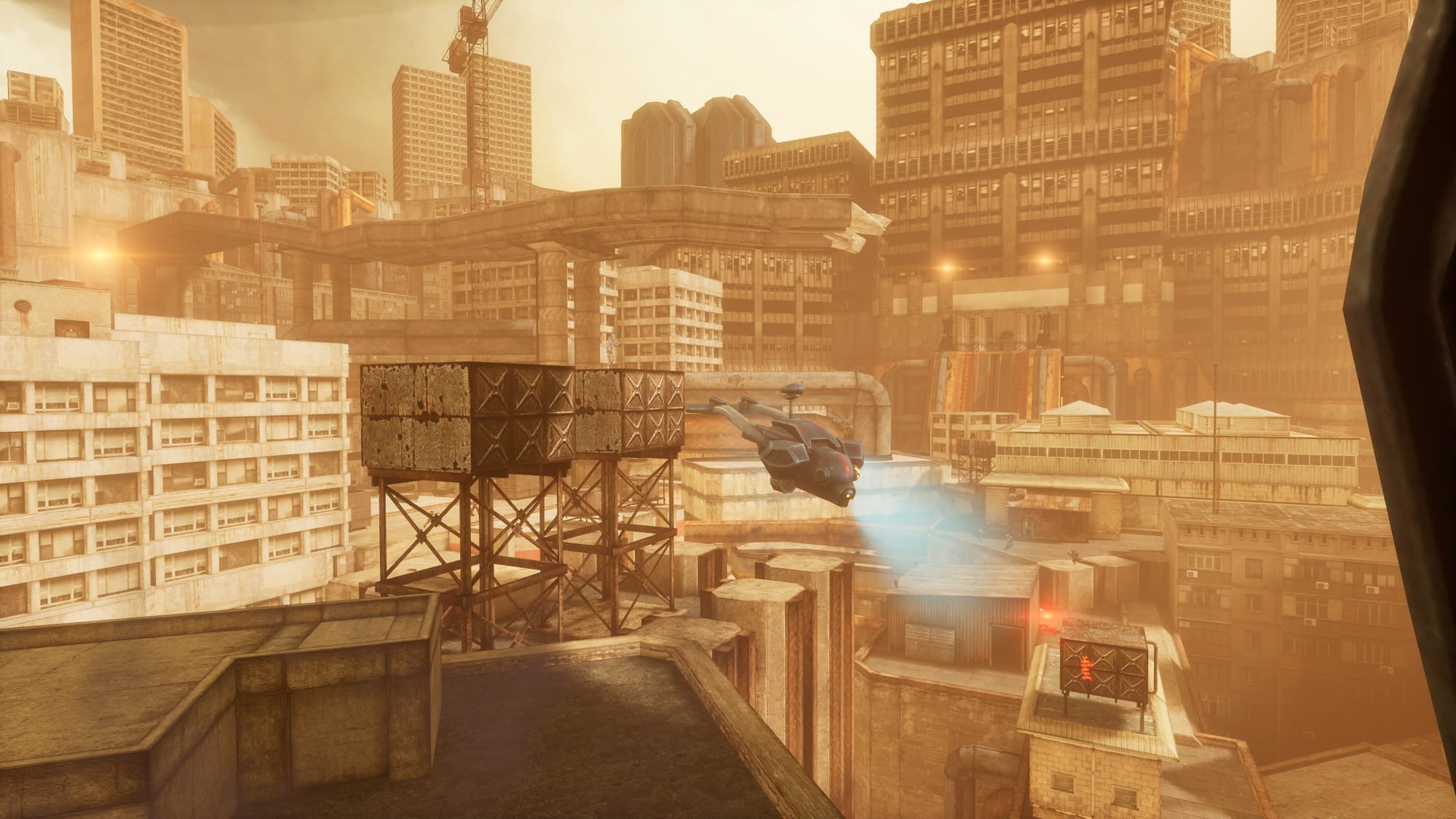 A screenshot showing a hazy burnt-orange and brown city skyline with a menacing black and gray futuristic helicopter sweeping overhead.