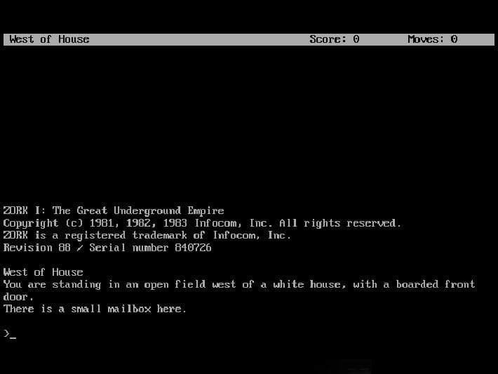 Text adventure screen showing the famous opening of Zork: You are standing in an open field west of a white house...