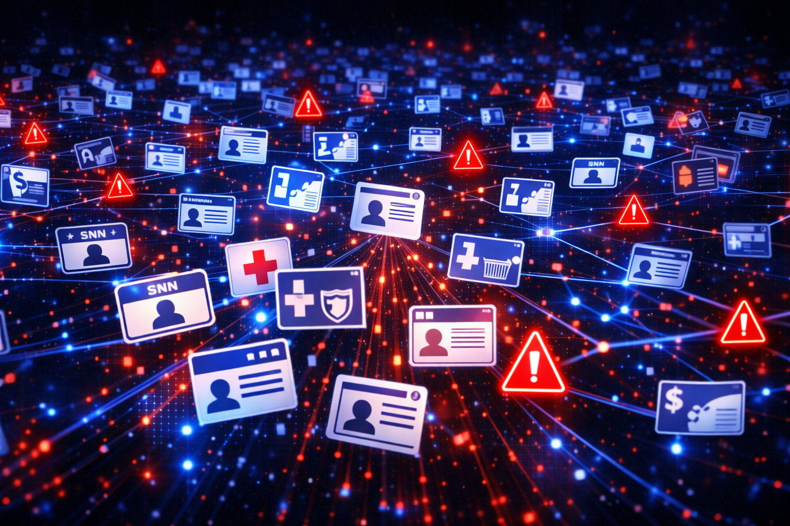 Abstract digital visualization of a network of compromised ID cards, medical records, and red warning icons, representing the massive scale of a healthcare data breach.