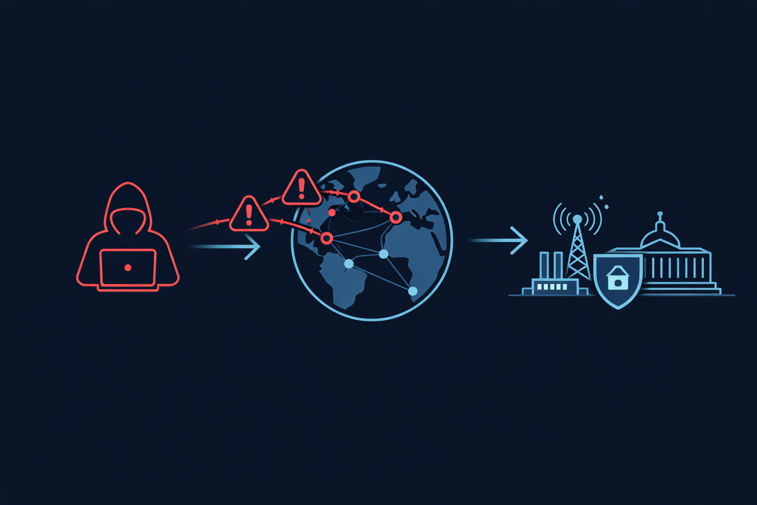 Minimalist infographic showing a red hacker icon launching an attack across a globe toward blue government and infrastructure icons protected by a shield.