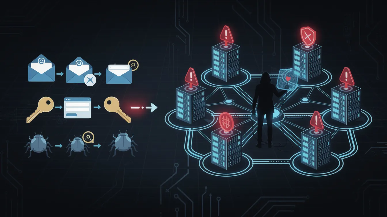 A diagram showing the ransomware attack lifecycle: icons for phishing emails, stolen keys, and software bugs lead to a hooded figure controlling a network of compromised servers with red alerts.