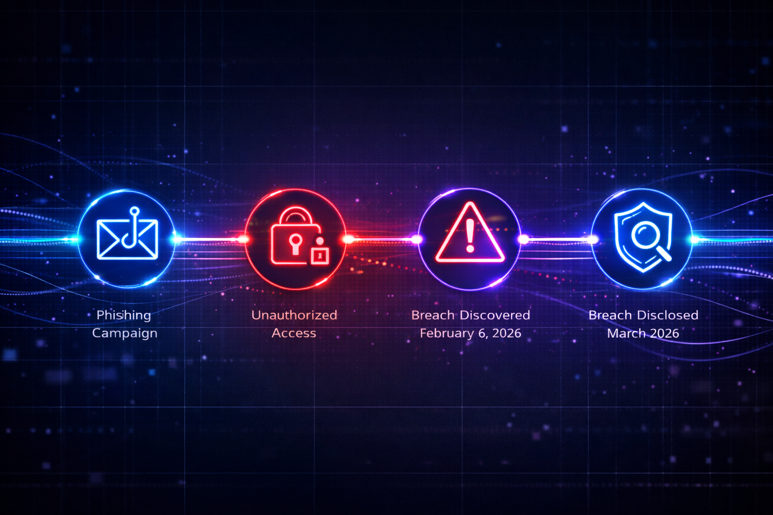 Infographic showing a four-stage cyber breach timeline: Phishing Campaign, Unauthorized Access, Breach Discovered in February, and Disclosure in March 2026.