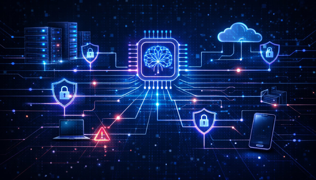 AI security system monitoring enterprise devices including laptops, servers, and cloud infrastructure while detecting cyber threats across a connected digital network.