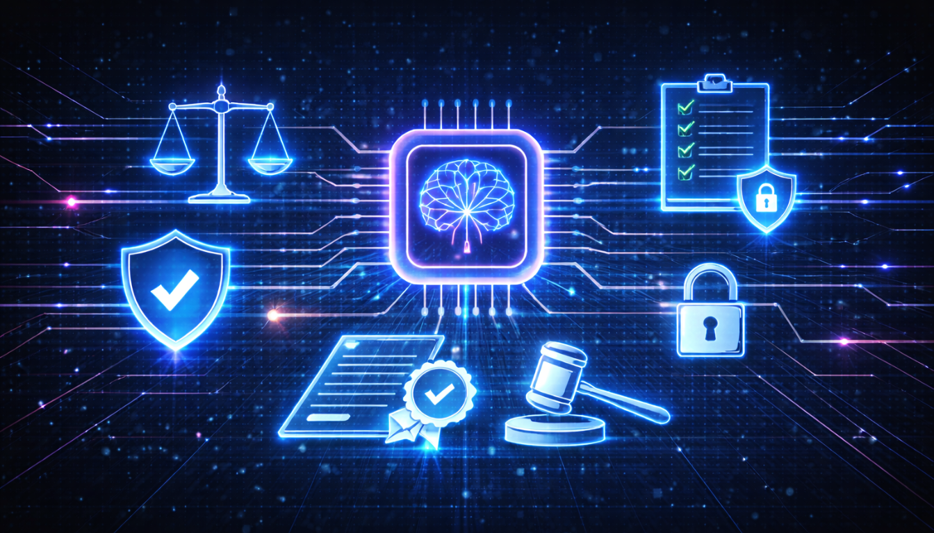 Illustration of artificial intelligence governance with regulatory symbols, cybersecurity shields, legal scales, and secure compliance checks surrounding an AI processor.