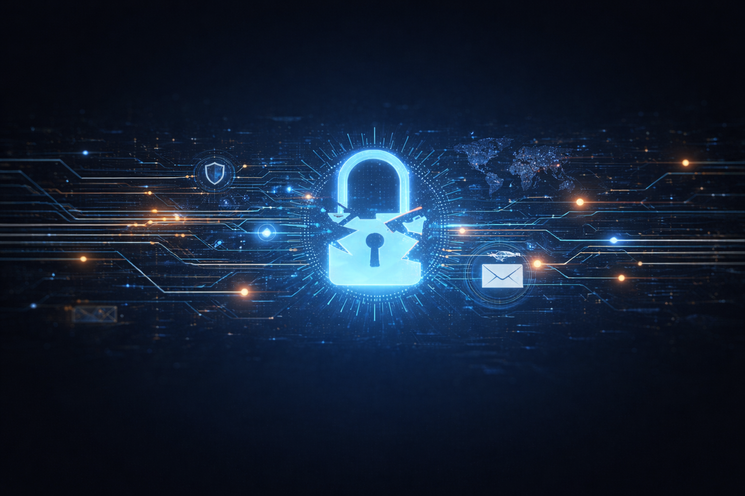 A glowing blue digital padlock icon appearing cracked and broken on a dark circuit board background with global map silhouettes, representing a successful security breach.
