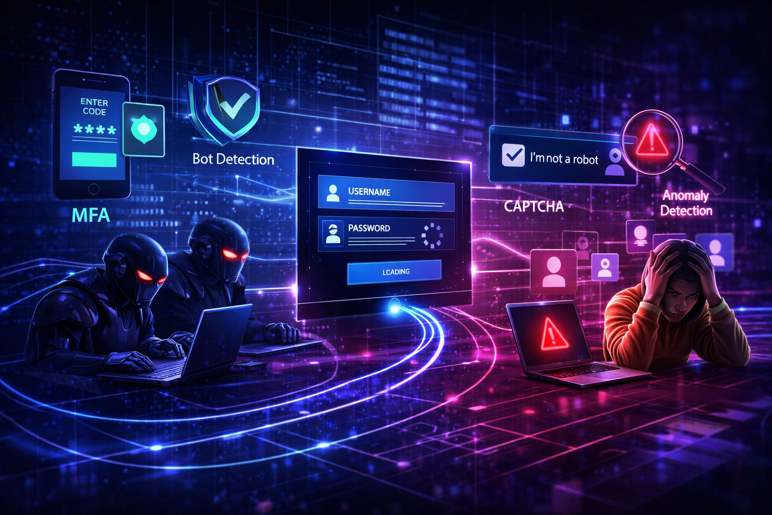 Cyber attackers in masks at laptops bypass security measures like MFA and CAPTCHA to access a user login screen, while an individual reacts to a compromised account alert.