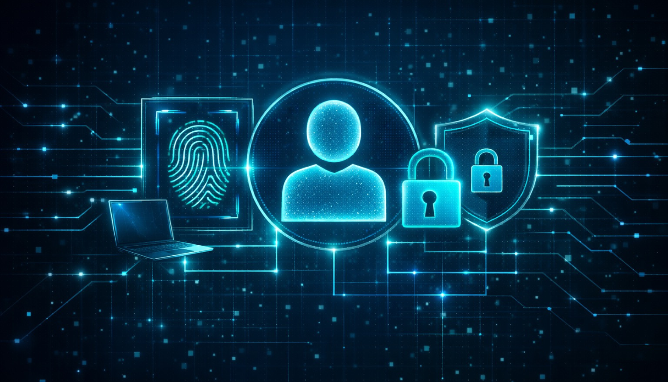 A digital interface representing identity verification. A glowing human profile is flanked by a fingerprint biometric scanner, a laptop, a padlock, and a security shield.