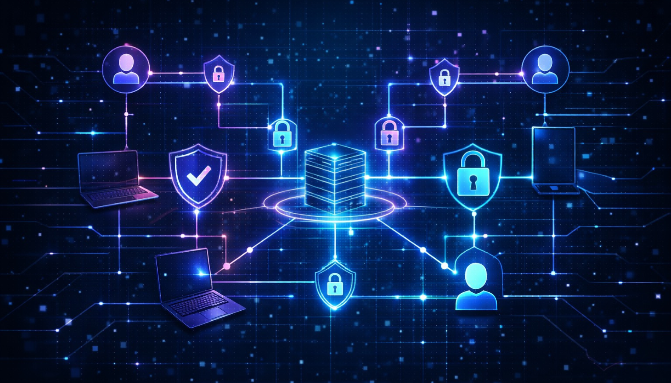 A network diagram showing secure connections. Multiple user icons and laptops connect to a central server through pathways protected by glowing security shields and padlocks.
