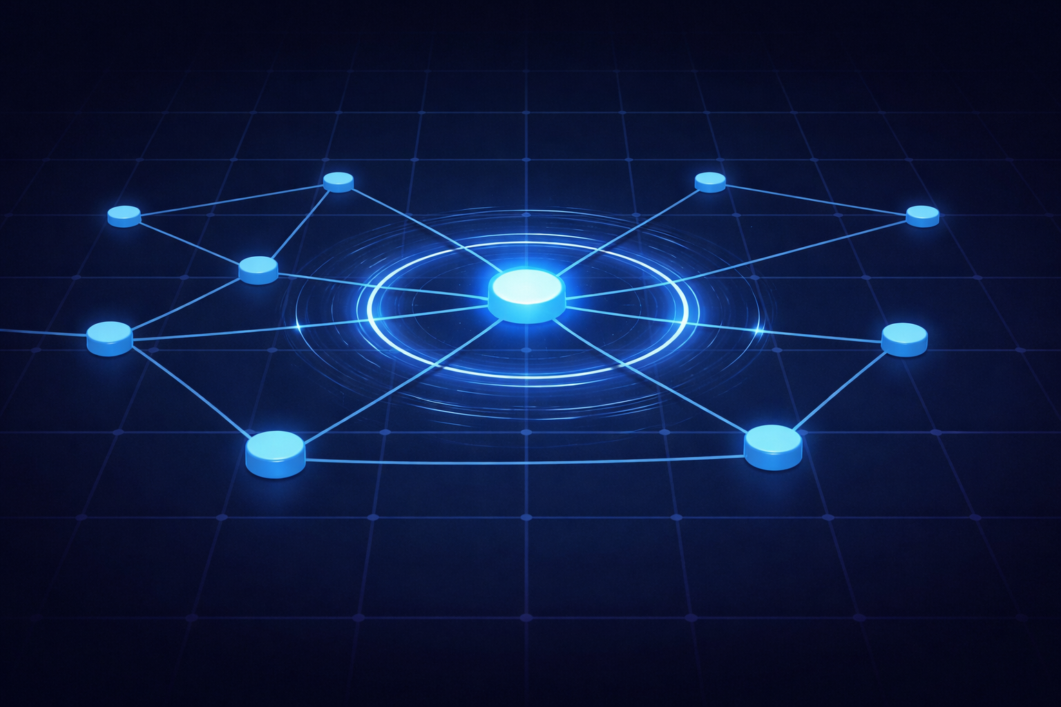 Stabilized cybersecurity network with clean blue connections and fading residual threat signals, representing full recovery and continuous monitoring after containment.