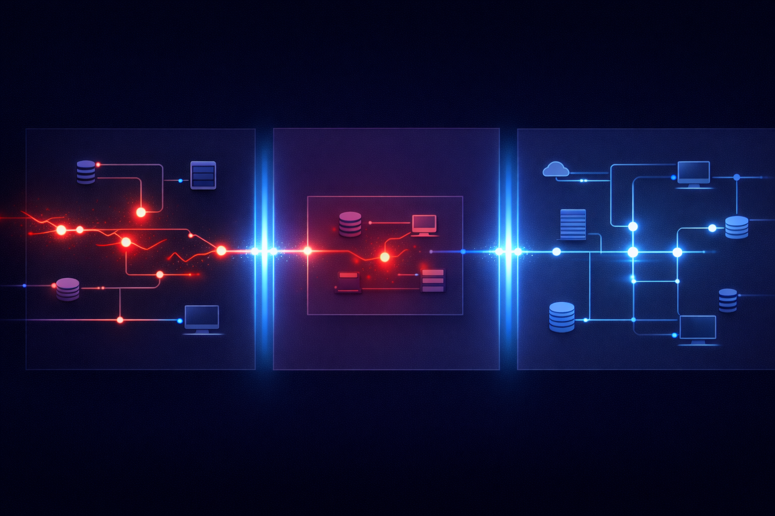 Segmented enterprise network blocking lateral movement as red attack signals are contained within one zone while other systems remain secure and operational.