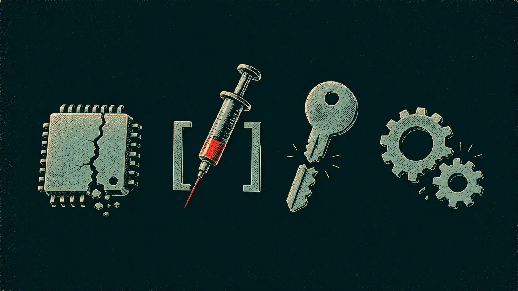 Editorial illustration of the four families of software vulnerabilities: memory & code execution, injection, authentication & access control, configuration & exposure.