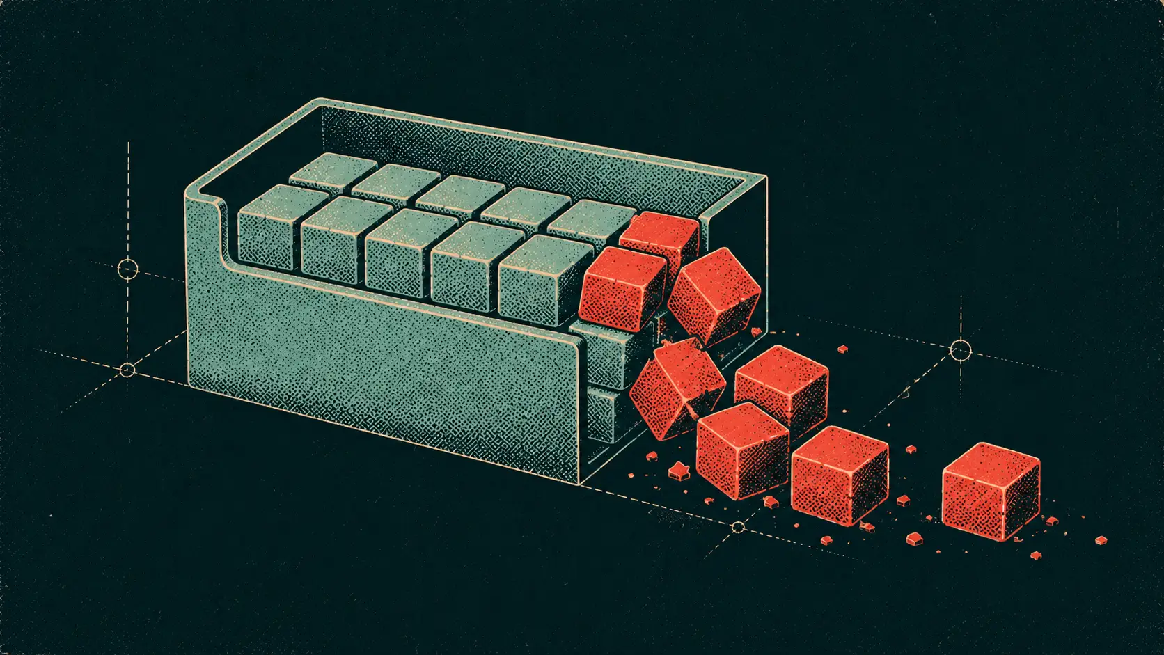 Editorial illustration of a buffer overflow — data spilling past the edge of a memory container.